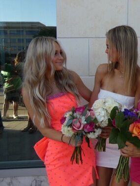 Neon Coral Strapless Hoco Dress with Pink Embellishments